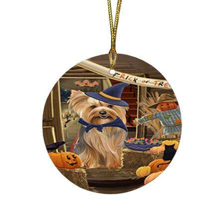 Enter at Own Risk Trick or Treat Halloween Yorkshire Terrier Dog Round Flat Christmas Ornament RFPOR53345