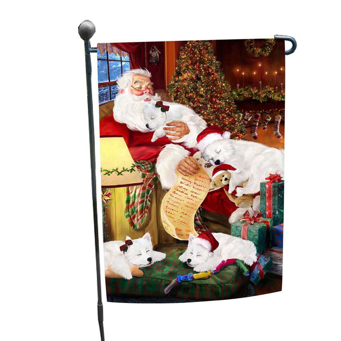 Eskimo Dog and Puppies Sleeping with Santa Garden Flag