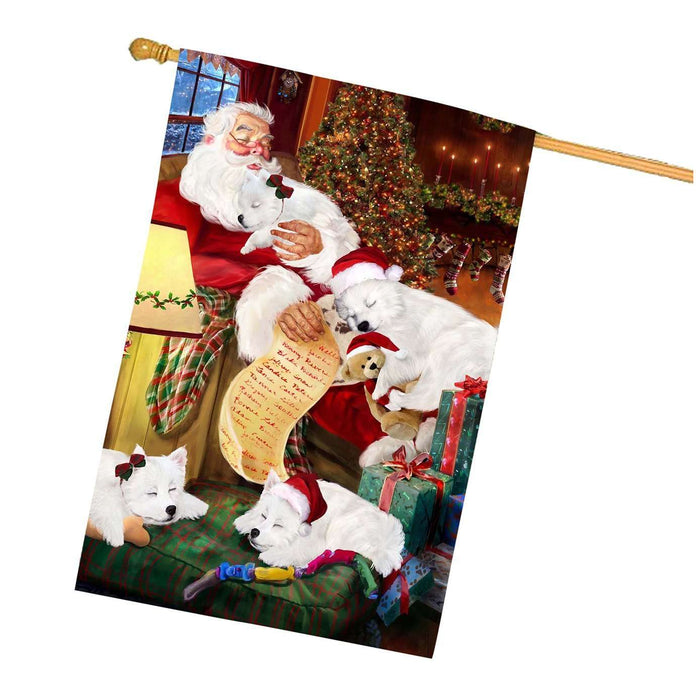 Eskimo Dog and Puppies Sleeping with Santa House Flag