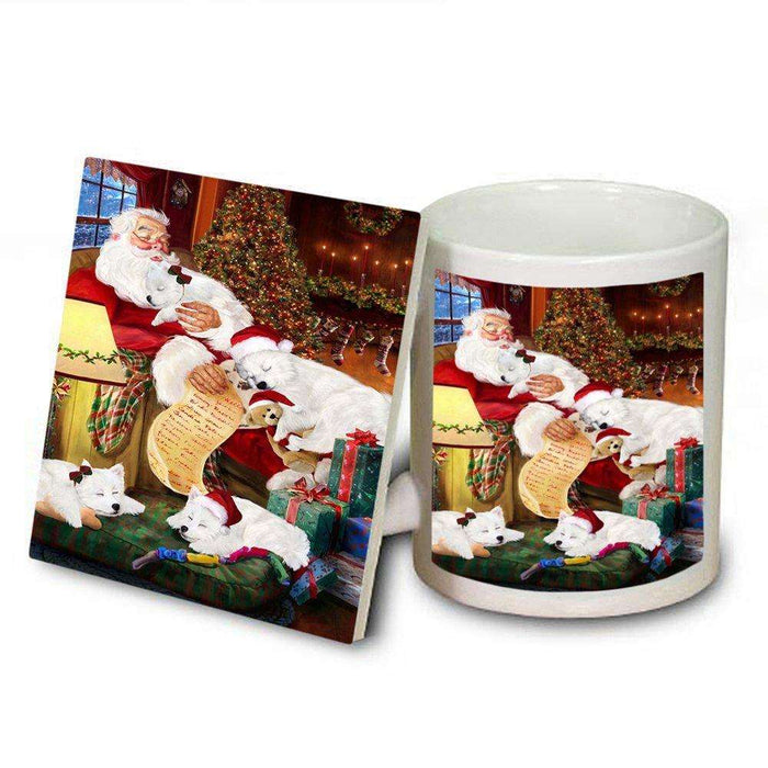 Eskimo Dog and Puppies Sleeping with Santa Mug and Coaster Set