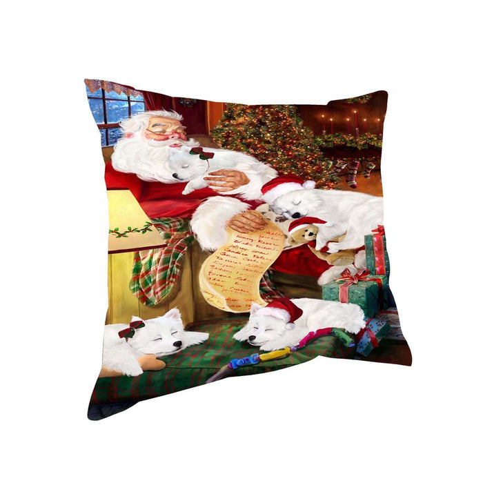 Eskimo Dog and Puppies Sleeping with Santa Throw Pillow