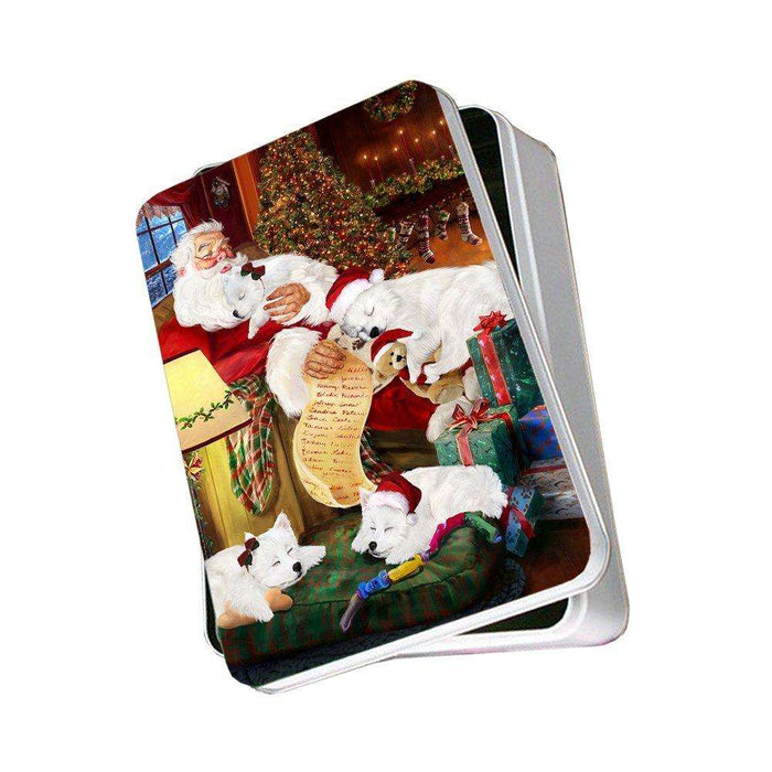 Eskimo Dog with Puppies Sleeping with Santa Photo Tin