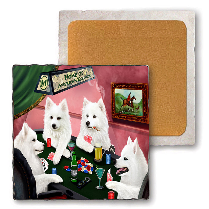 Set of 4 Natural Stone Marble Tile Coasters - Home of American Eskimo 4 Dogs Playing Poker MCST48022