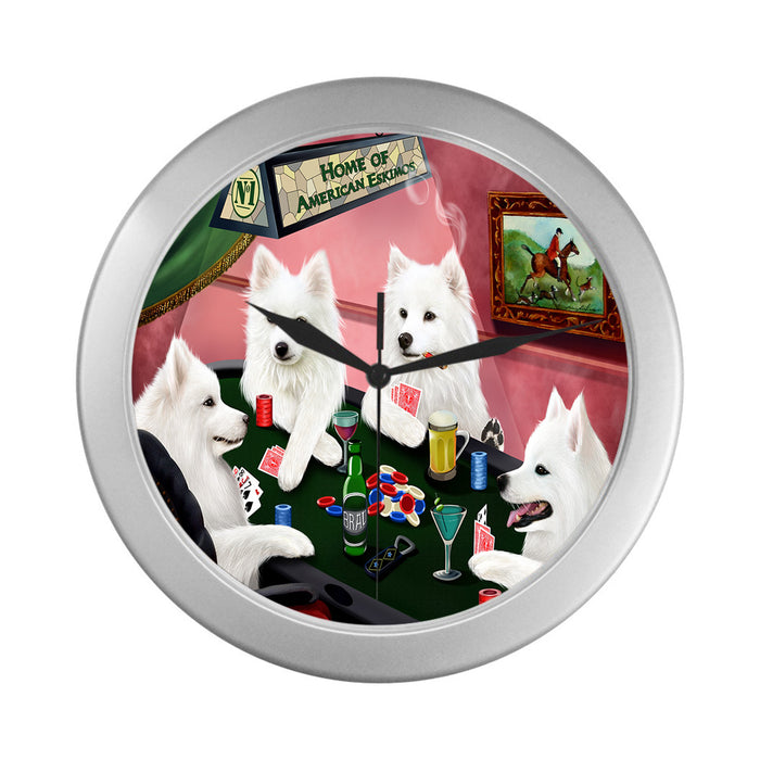 Home of American Eskimo Dogs Playing Poker Silver Wall Clocks
