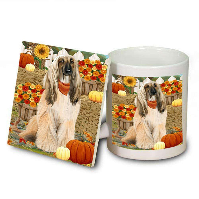 Fall Autumn Greeting Afghan Hound Dog with Pumpkins Mug and Coaster Set MUC52281