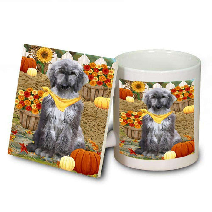 Fall Autumn Greeting Afghan Hound Dog with Pumpkins Mug and Coaster Set MUC52284