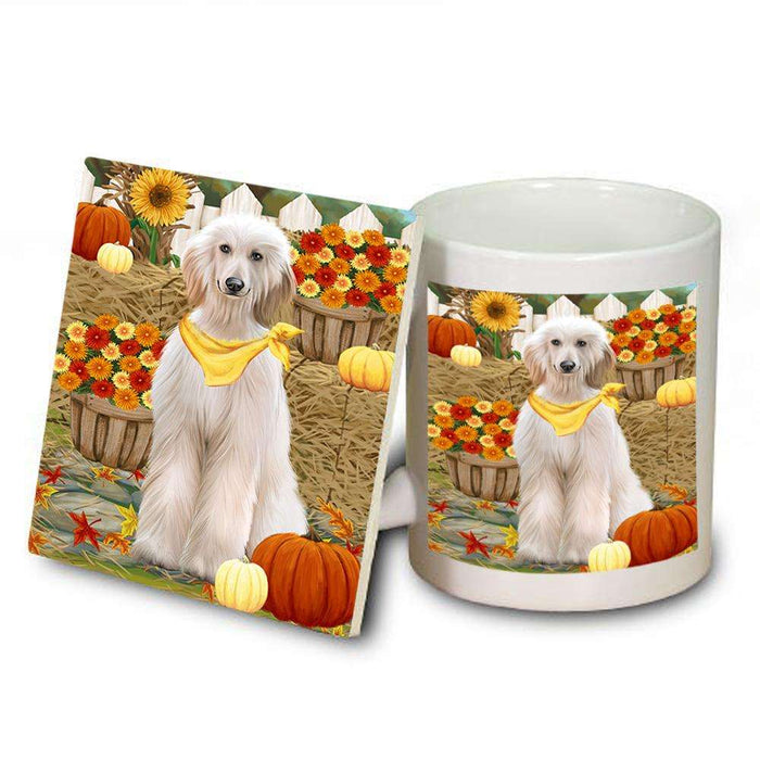 Fall Autumn Greeting Afghan Hound Dog with Pumpkins Mug and Coaster Set MUC52285