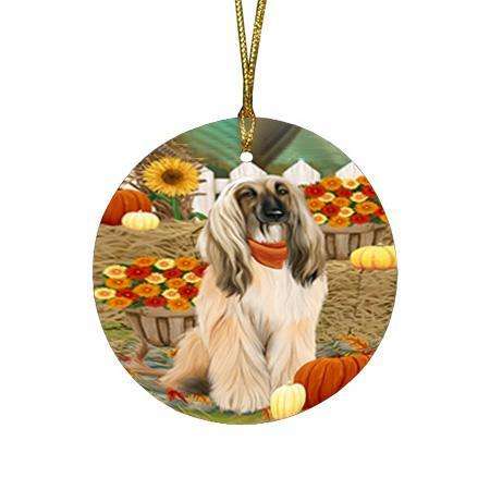 Fall Autumn Greeting Afghan Hound Dog with Pumpkins Round Flat Christmas Ornament RFPOR52280