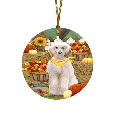Fall Autumn Greeting Afghan Hound Dog with Pumpkins Round Flat Christmas Ornament RFPOR52284