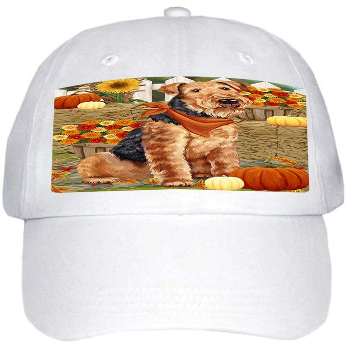 Fall Autumn Greeting Airedale Terrier Dog with Pumpkins Ball Hat Cap HAT55704