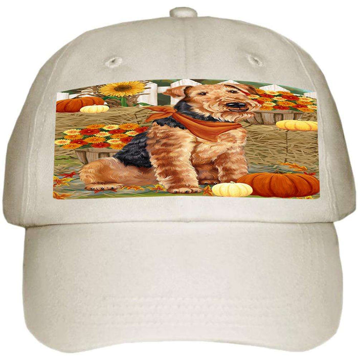 Fall Autumn Greeting Airedale Terrier Dog with Pumpkins Ball Hat Cap HAT55704