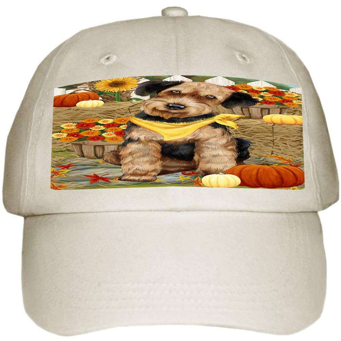 Fall Autumn Greeting Airedale Terrier Dog with Pumpkins Ball Hat Cap HAT55707
