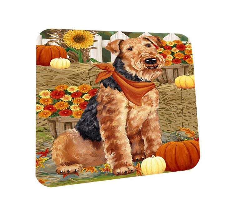 Fall Autumn Greeting Airedale Terrier Dog with Pumpkins Coasters Set of 4 CST50604