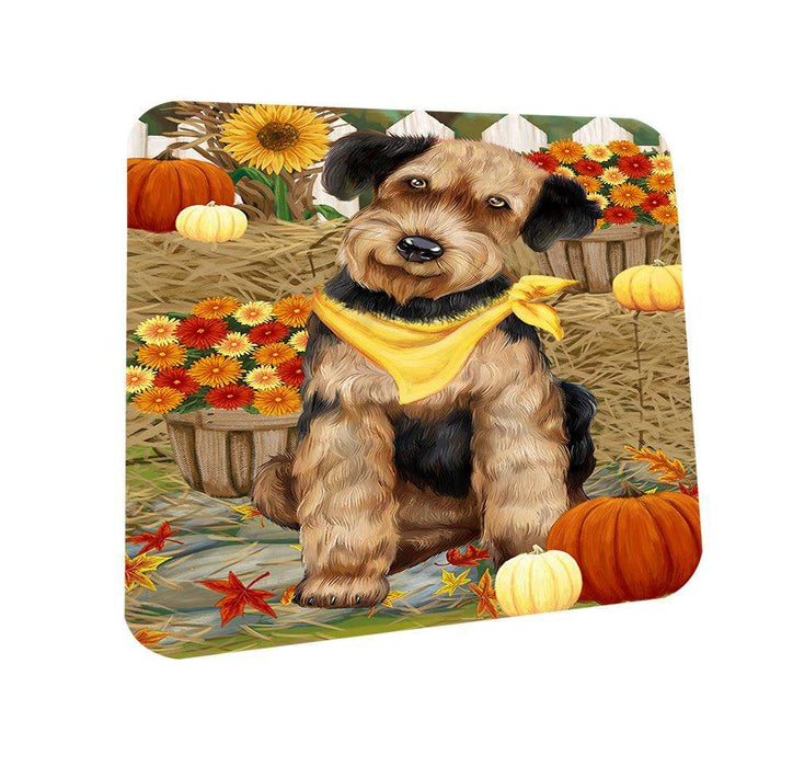 Fall Autumn Greeting Airedale Terrier Dog with Pumpkins Coasters Set of 4 CST50605