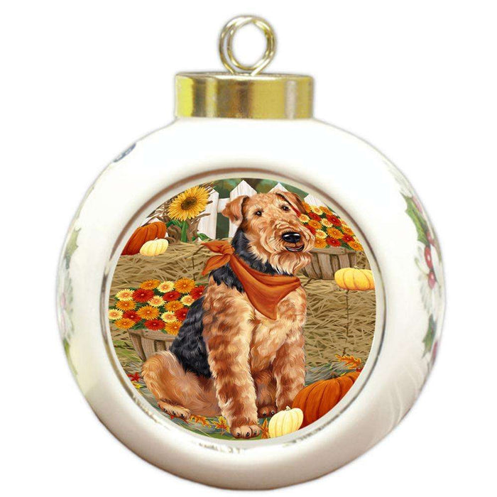 Fall Autumn Greeting Airedale Terrier Dog with Pumpkins Round Ball Christmas Ornament RBPOR50645