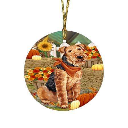 Fall Autumn Greeting Airedale Terrier Dog with Pumpkins Round Flat Christmas Ornament RFPOR50636