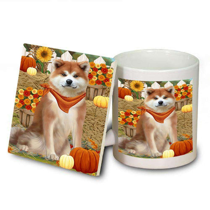 Fall Autumn Greeting Akita Dog with Pumpkins Mug and Coaster Set MUC52286