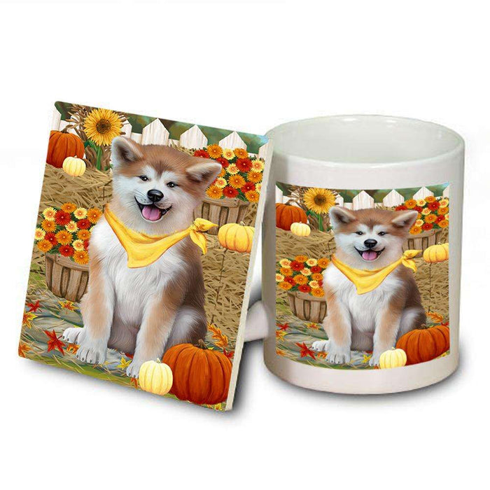 Fall Autumn Greeting Akita Dog with Pumpkins Mug and Coaster Set MUC52287
