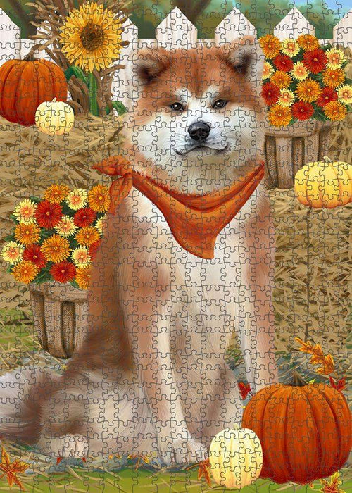Fall Autumn Greeting Akita Dog with Pumpkins Puzzle with Photo Tin PUZL60813