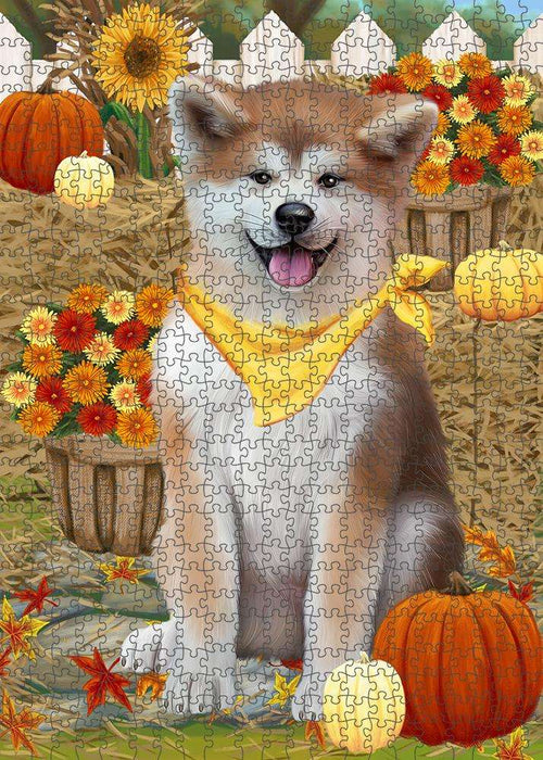 Fall Autumn Greeting Akita Dog with Pumpkins Puzzle with Photo Tin PUZL60816