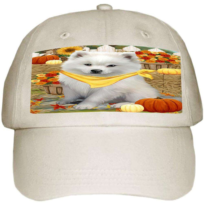 Fall Autumn Greeting American Eskimo Dog with Pumpkins Ball Hat Cap HAT55725