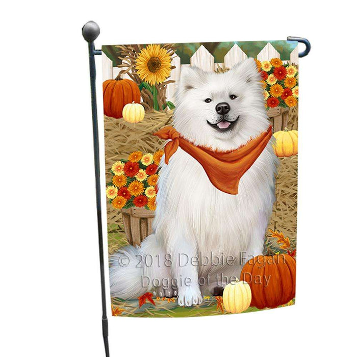 Fall Autumn Greeting American Eskimo Dog with Pumpkins Garden Flag GFLG0544