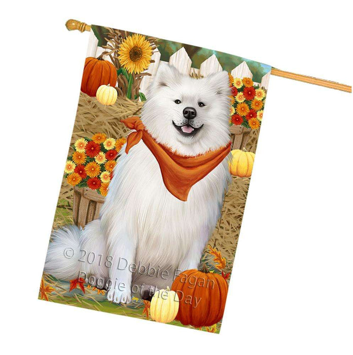 Fall Autumn Greeting American Eskimo Dog with Pumpkins House Flag FLG50680