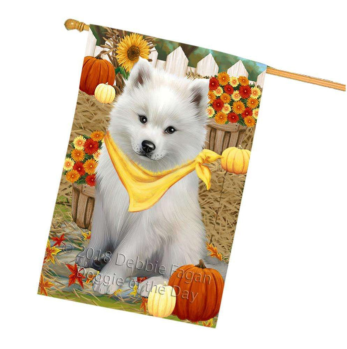 Fall Autumn Greeting American Eskimo Dog with Pumpkins House Flag FLG50681