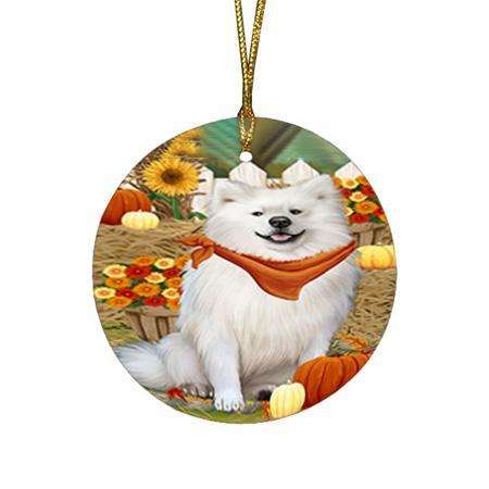 Fall Autumn Greeting American Eskimo Dog with Pumpkins Round Flat Christmas Ornament RFPOR50642