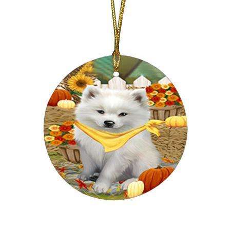 Fall Autumn Greeting American Eskimo Dog with Pumpkins Round Flat Christmas Ornament RFPOR50643