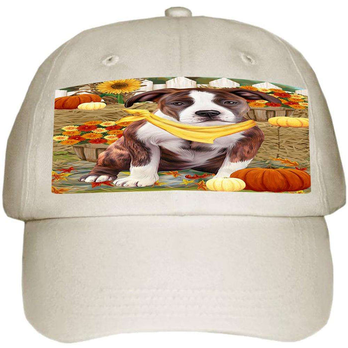 Fall Autumn Greeting American Staffordshire Terrier Dog with Pumpkins Ball Hat Cap HAT60627