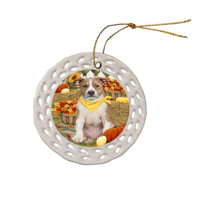 Fall Autumn Greeting American Staffordshire Terrier Dog with Pumpkins Ceramic Doily Ornament DPOR52297