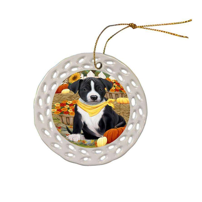 Fall Autumn Greeting American Staffordshire Terrier Dog with Pumpkins Ceramic Doily Ornament DPOR52300