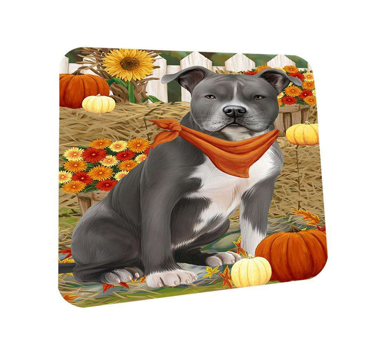 Fall Autumn Greeting American Staffordshire Terrier Dog with Pumpkins Coasters Set of 4 CST52255