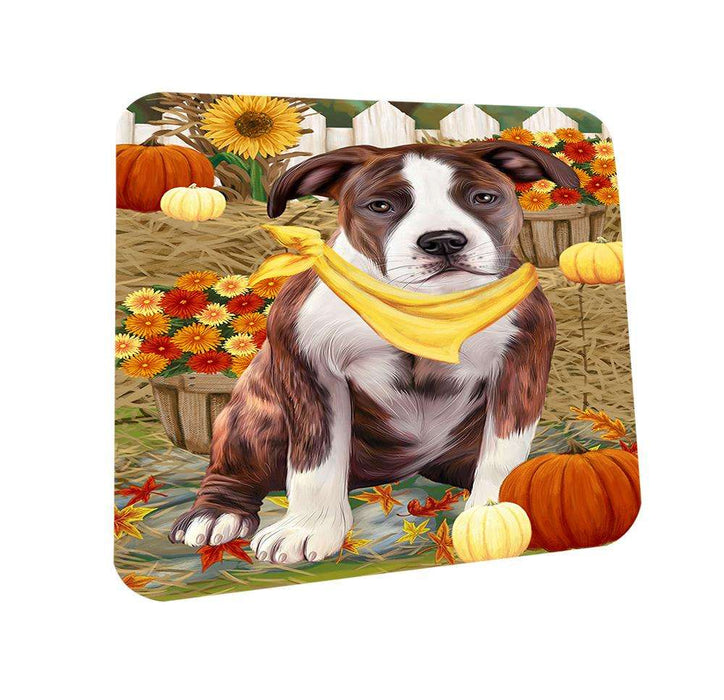 Fall Autumn Greeting American Staffordshire Terrier Dog with Pumpkins Coasters Set of 4 CST52257