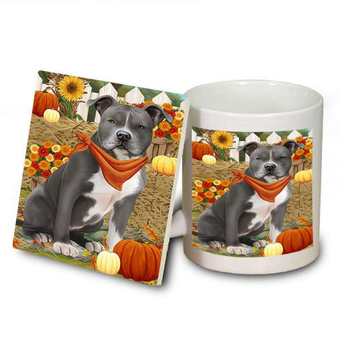 Fall Autumn Greeting American Staffordshire Terrier Dog with Pumpkins Mug and Coaster Set MUC52288