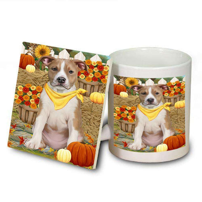 Fall Autumn Greeting American Staffordshire Terrier Dog with Pumpkins Mug and Coaster Set MUC52289