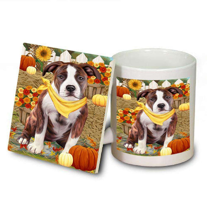 Fall Autumn Greeting American Staffordshire Terrier Dog with Pumpkins Mug and Coaster Set MUC52290
