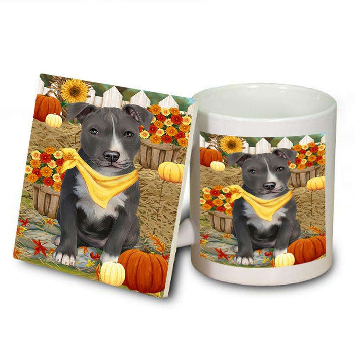 Fall Autumn Greeting American Staffordshire Terrier Dog with Pumpkins Mug and Coaster Set MUC52291