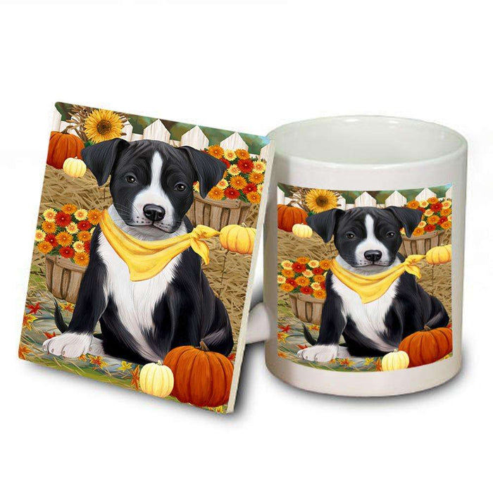 Fall Autumn Greeting American Staffordshire Terrier Dog with Pumpkins Mug and Coaster Set MUC52292
