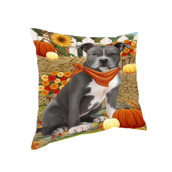 Fall Autumn Greeting American Staffordshire Terrier Dog with Pumpkins Pillow PIL65340