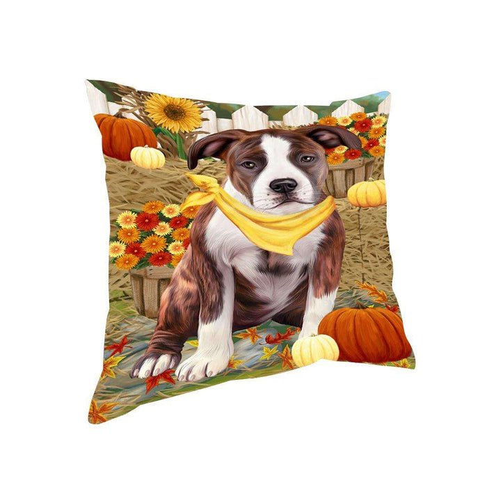 Fall Autumn Greeting American Staffordshire Terrier Dog with Pumpkins Pillow PIL65348