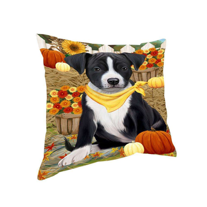 Fall Autumn Greeting American Staffordshire Terrier Dog with Pumpkins Pillow PIL65356