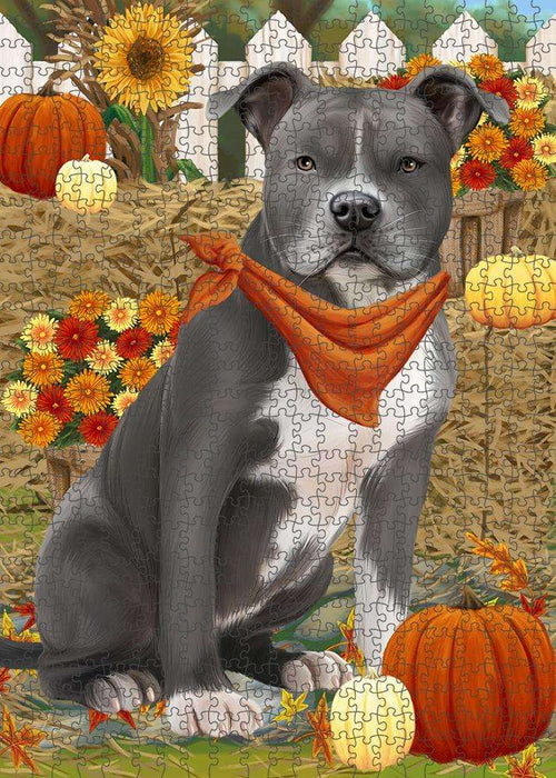 Fall Autumn Greeting American Staffordshire Terrier Dog with Pumpkins Puzzle with Photo Tin PUZL60819