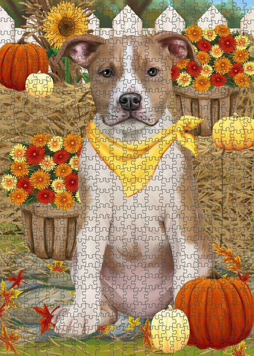 Fall Autumn Greeting American Staffordshire Terrier Dog with Pumpkins Puzzle with Photo Tin PUZL60822