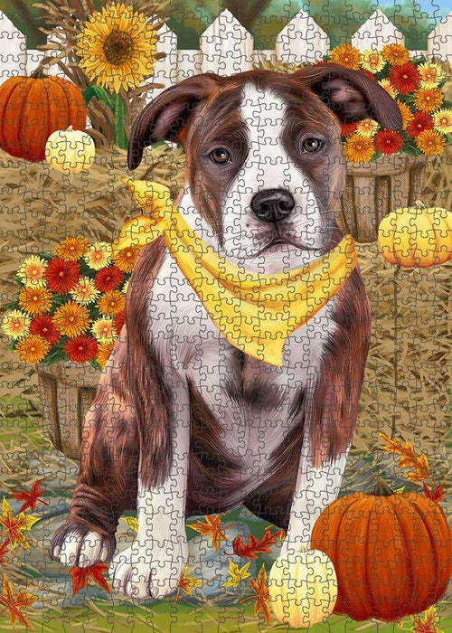 Fall Autumn Greeting American Staffordshire Terrier Dog with Pumpkins Puzzle with Photo Tin PUZL60825