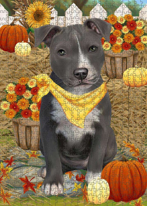 Fall Autumn Greeting American Staffordshire Terrier Dog with Pumpkins Puzzle with Photo Tin PUZL60828