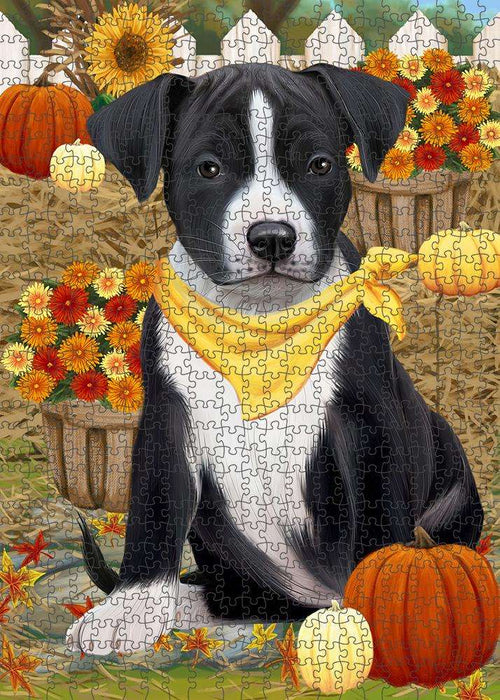 Fall Autumn Greeting American Staffordshire Terrier Dog with Pumpkins Puzzle with Photo Tin PUZL60831