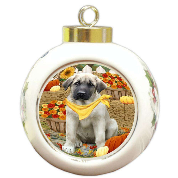 Fall Autumn Greeting Anatolian Shepherd Dog with Pumpkins Round Ball Christmas Ornament RBPOR50654