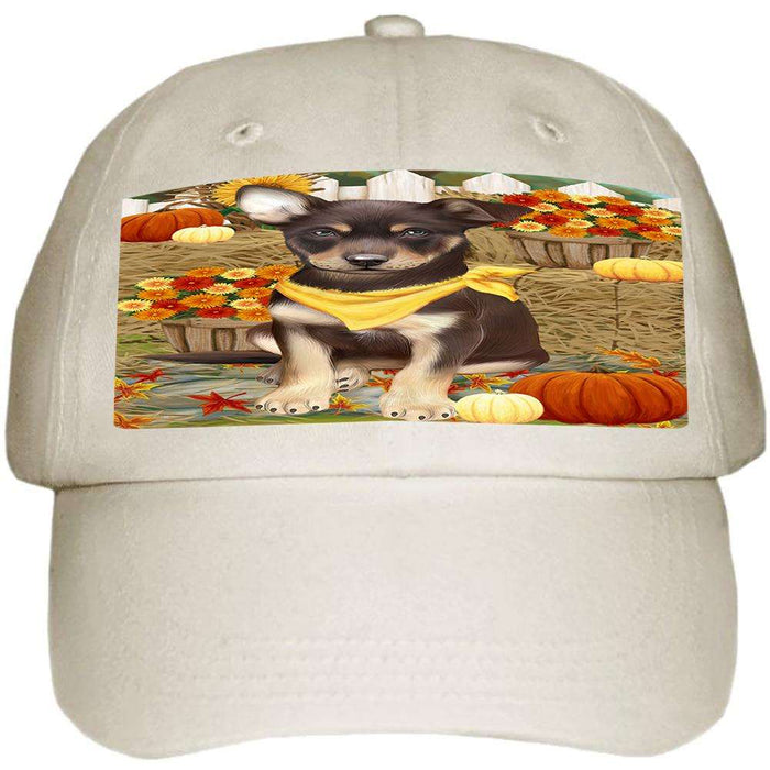 Fall Autumn Greeting Australian Kelpie Dog with Pumpkins Ball Hat Cap HAT55749